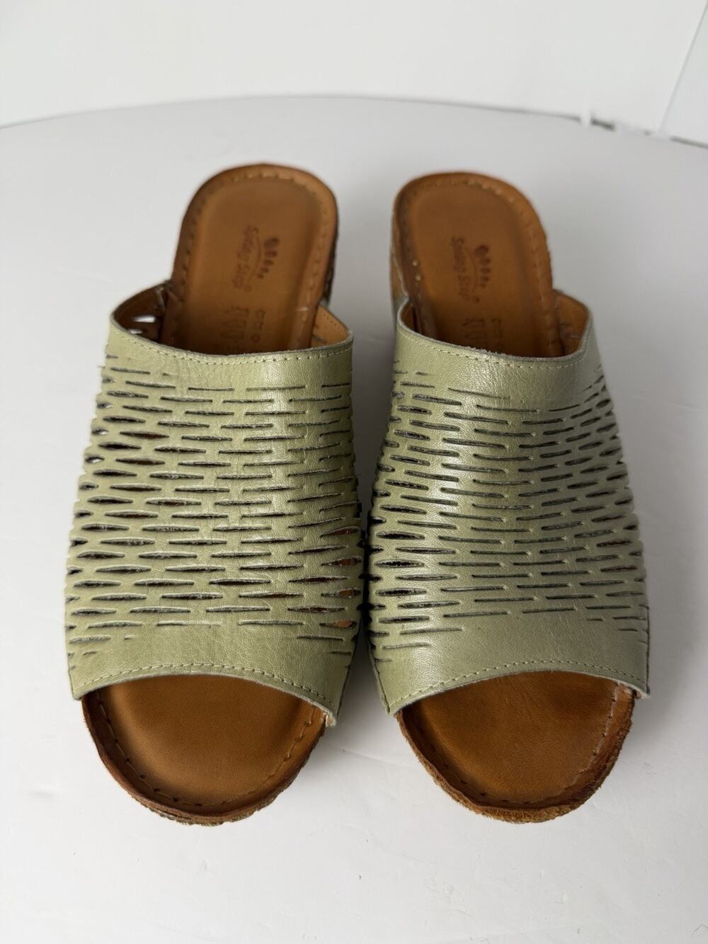 Spring Step Cunacena Olive Green Leather Wedge Slide Sandals Womens 40 US 9